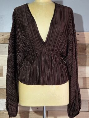 Brown Pleated Top Boho Batwing Sleeve V Neck Size S Statement Sunfere